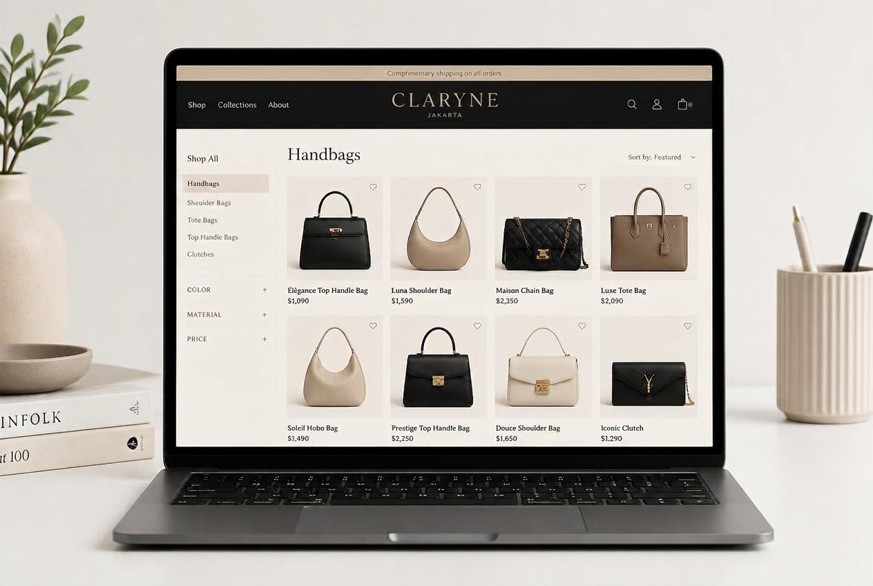 Contoh tampilan website katalog e-commerce reseller Claryne